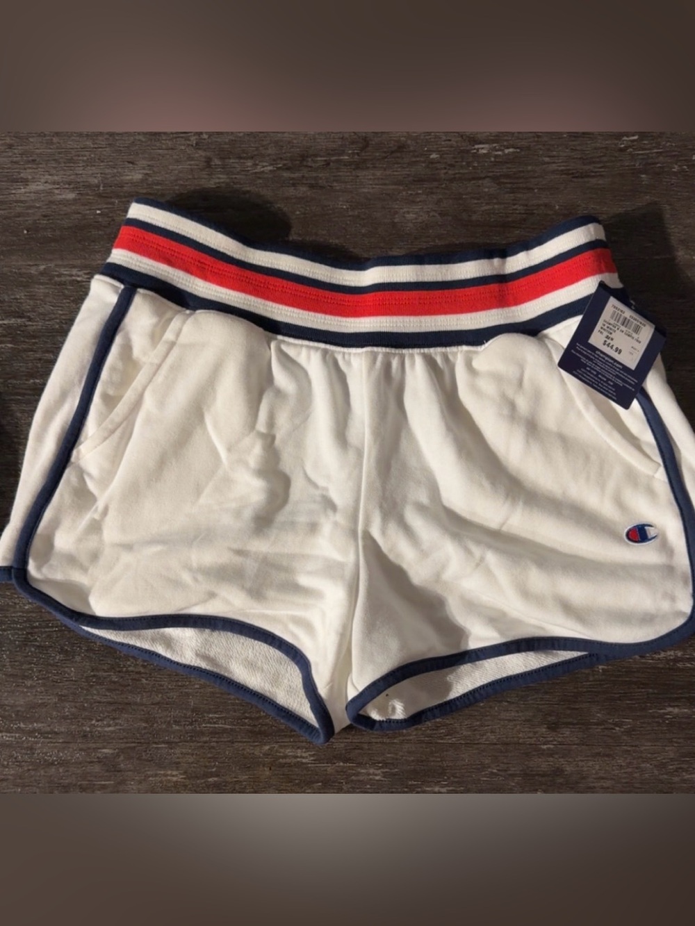 Champion White Athletic Shorts with Navy Trim and Red-Striped Waistband
